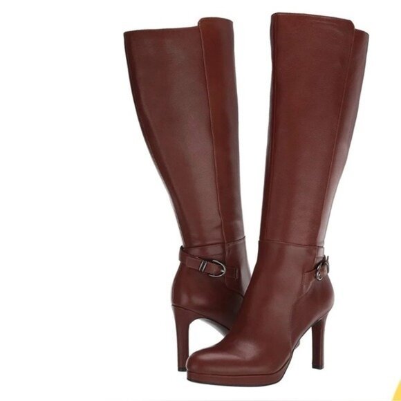 Naturalizer brown tall Chic Brown Leather Heeled Boots size 8.5 - Picture 1 of 9